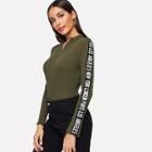 Shein Zip Half Placket Letter Ribbed Knit Tee
