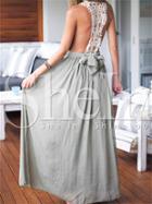 Shein Grey Deep V Neck Contrast Lace Boho Maxi Dress