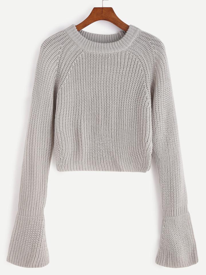 Shein Grey Raglan Sleeve Bell Cuff Crop Sweater