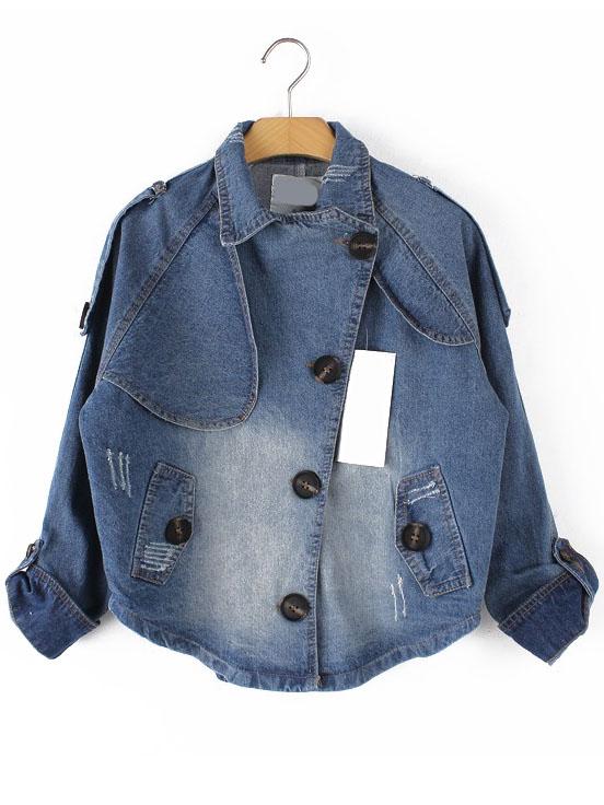 Shein Blue Bleached Buttons Epaulet Denim Coat
