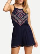 Shein Navy Spaghetti Strap Embroidered Hollow Out Romper