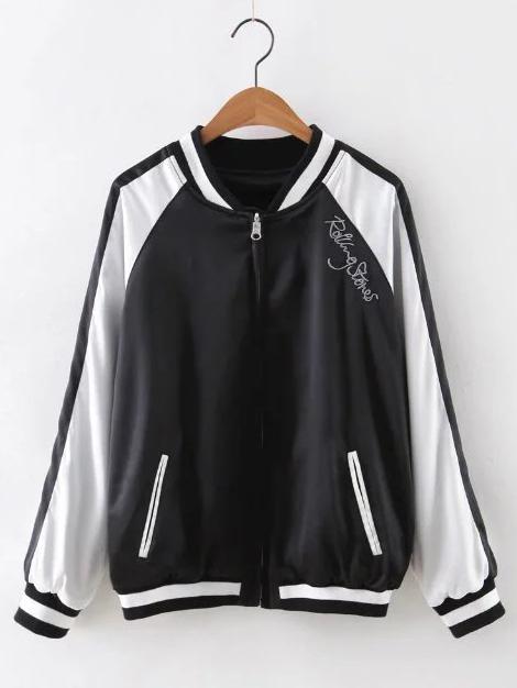 Shein Black Crew Neck Embroidery Zipper Convertible Jacket