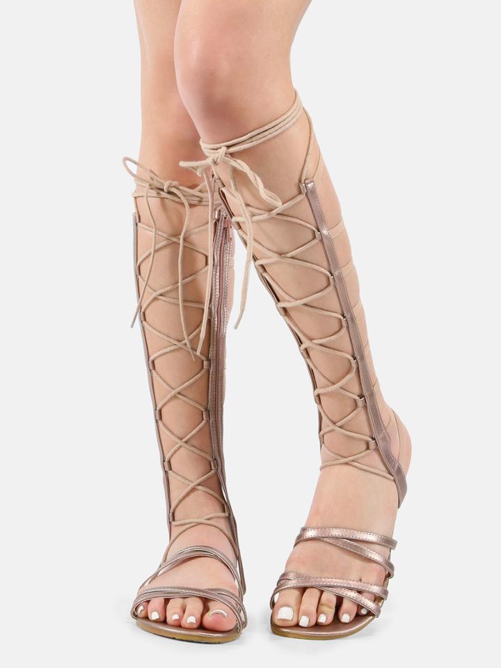 Shein Metallic Tie Up Gladiator Sandals Rosegold