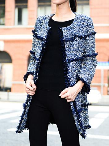 Shein Navy Round Neck Fringe Tweed Coat