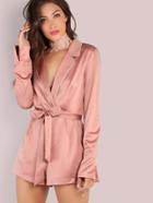 Shein Sleeved Piped Lapel Satin Romper Rose Gold