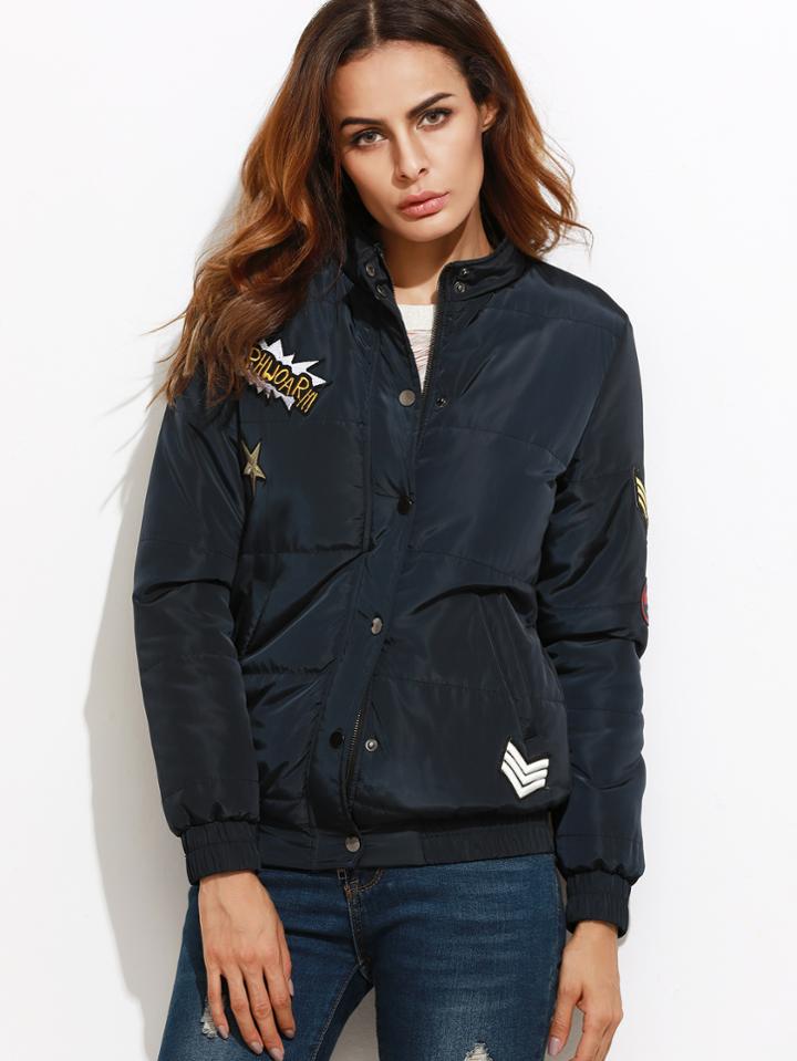 Shein Navy Sequin Letter Back Padded Jacket With Patch