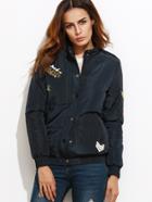 Shein Navy Sequin Letter Back Padded Jacket With Patch