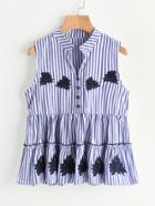 Shein Contrast Vertical Striped Embroidery Frill Hem Top