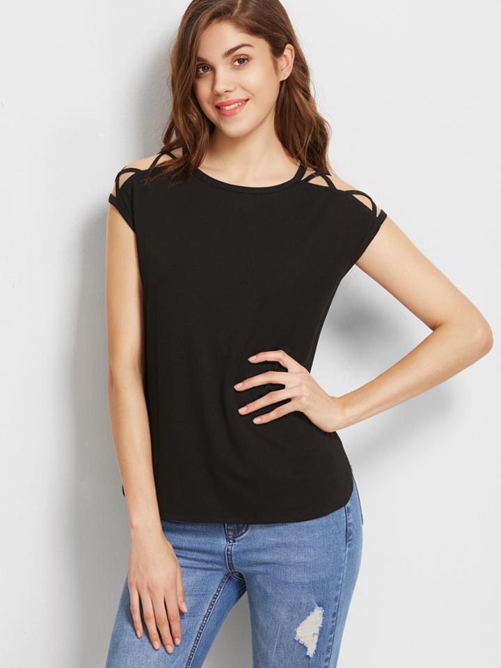 Shein Black Cutout Crisscross Shoulder High Low T-shirt
