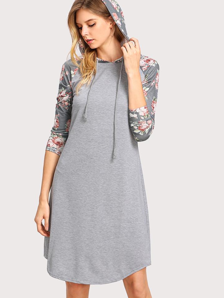 Shein Contrast Floral Raglan Sleeve Hooded Dress