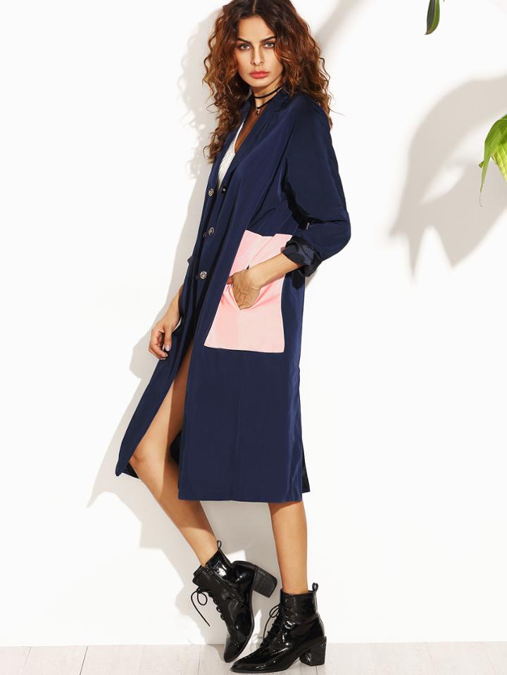 Shein Navy Contrast Pockets Split Back Trench Coat