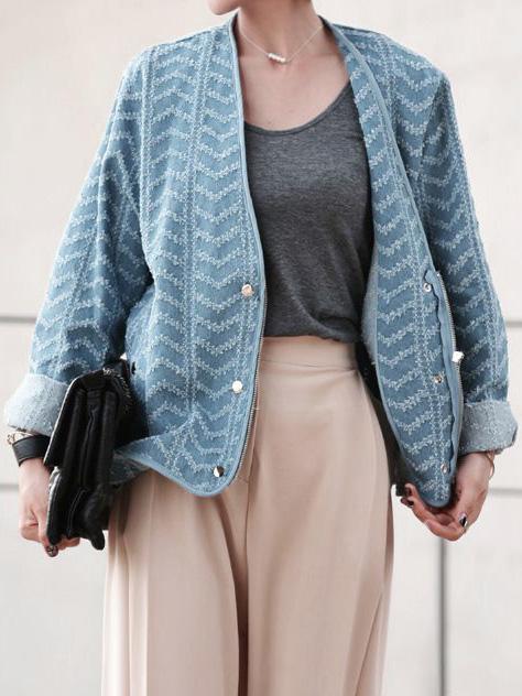 Shein Blue Frayed Zipper Denim Coat