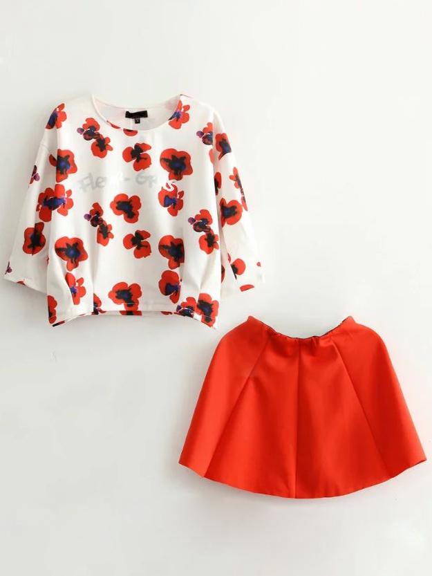 Shein Red Round Neck Printed T-shirt With Skirt