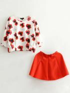 Shein Red Round Neck Printed T-shirt With Skirt