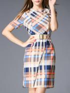 Shein Multicolor Crew Neck Plaid Belted Dress