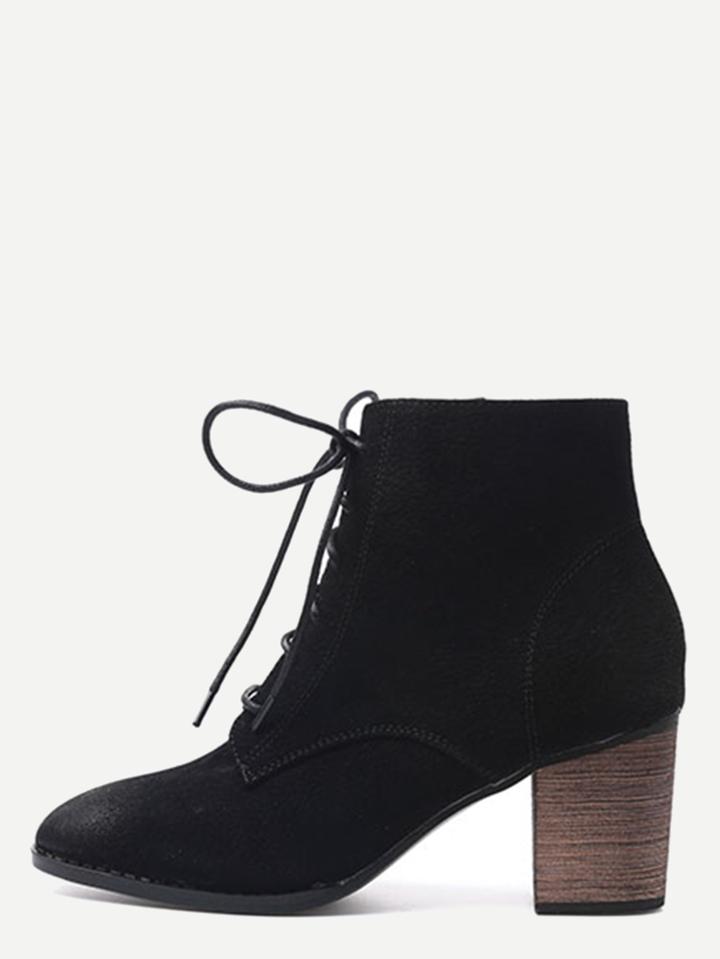 Shein Black Nubuck Leather Cork Heel Lace Up Booties