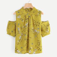 Shein Open Shoulder Botanical Print Top