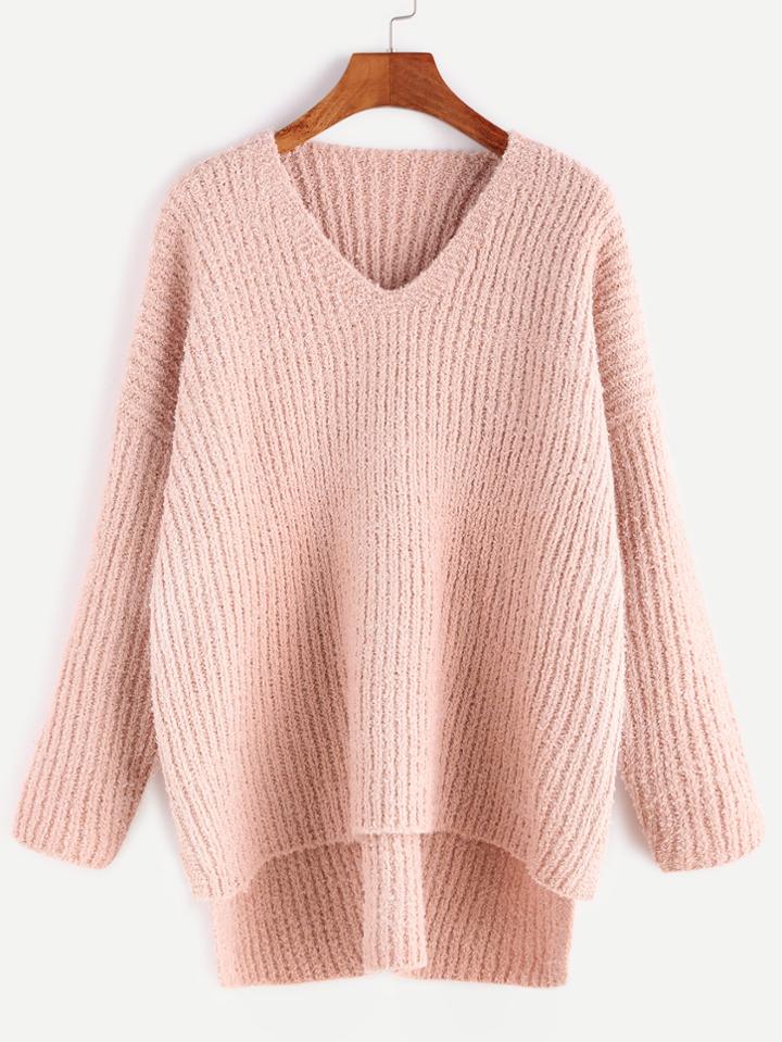Shein V Neck Drop Shoulder Slit Side High Low Sweater