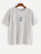 Shein White Pinstripes Potted Embroidered T-shirt