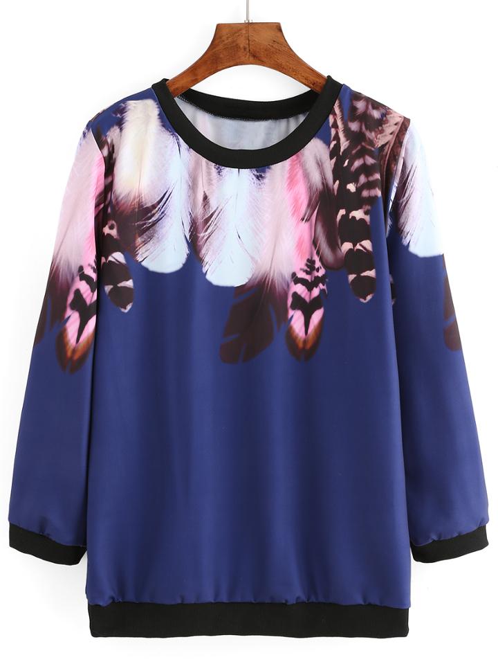 Shein Blue Feather Print Contrast Trim Sweatshirt