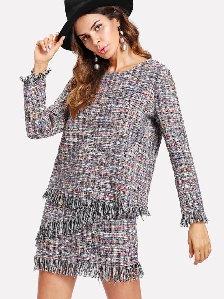 Shein Fringe Trim Tweed Top & Skirt Set
