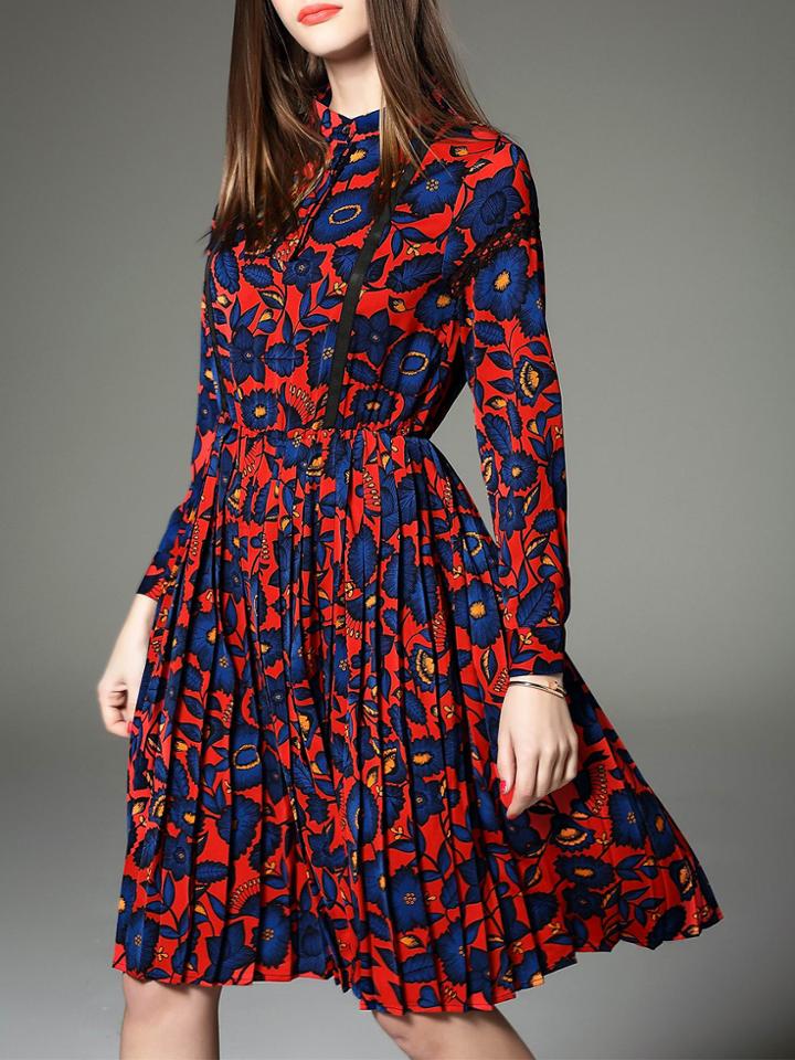 Shein Red Pleated Print A-line Dress