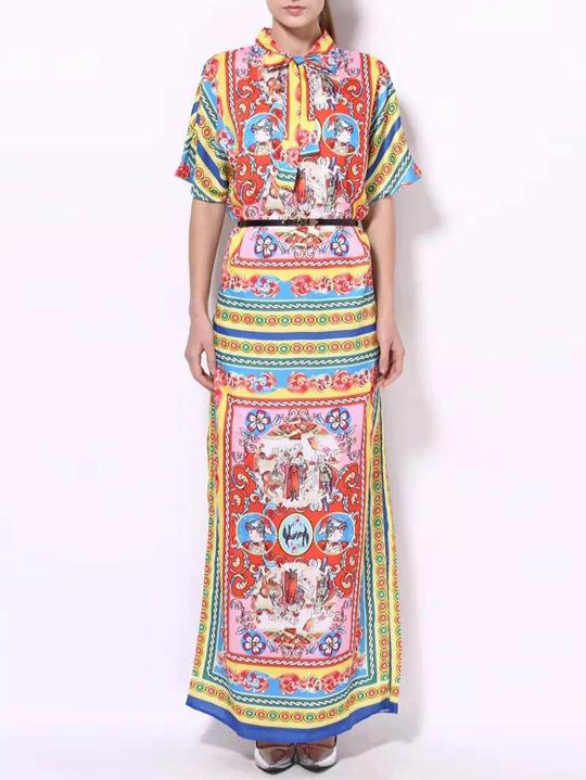 Shein Multicolor Tie Neck Belted Tribal Print Maxi Dress