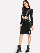 Shein Lace Up Detail Crop Ribbed Tee & Skirt Set