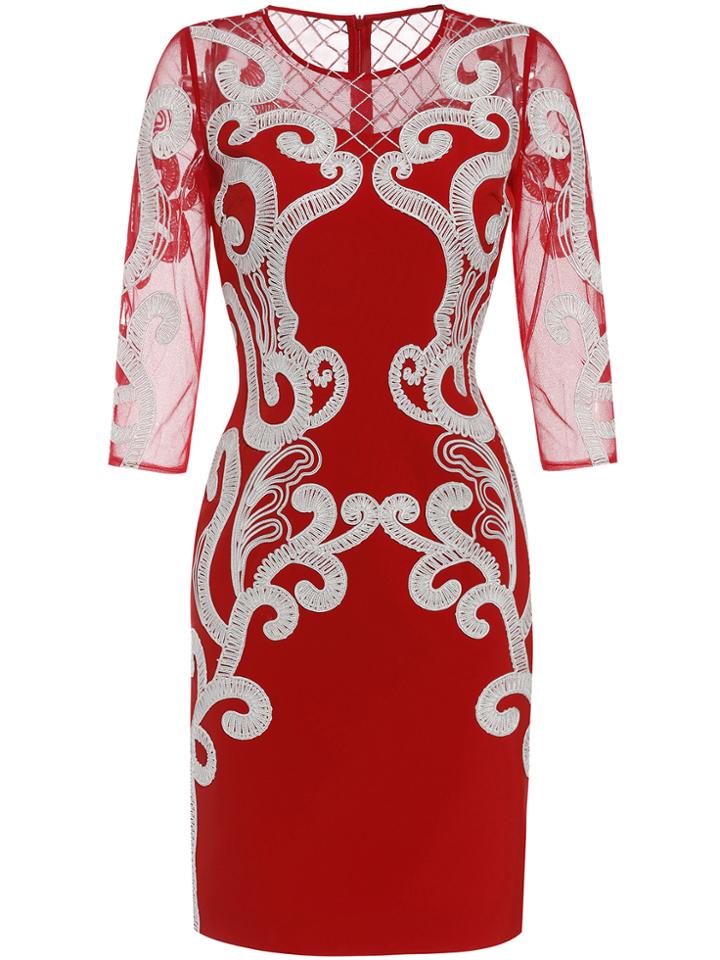 Shein Red Crew Neck Sheer Disc Flowers Sheath Dress