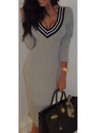 Rosewe Striped V Neck Grey Bodycon Dress