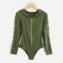 Shein Cut Out Sleeve Zipper Front Hoodie Bodysuit