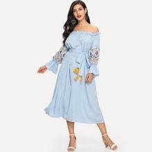 Shein Embroidered Lantern Sleeve Bardot Dress With Tassel Belt
