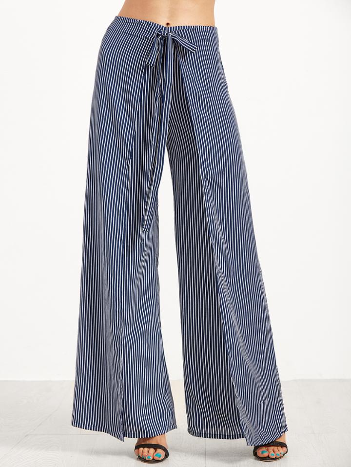 Shein Navy Vertical Striped Wide Leg Wrap Pants