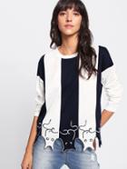 Shein Two Tone Embroidery Asymmetrical Hem Pullover