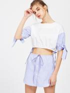 Shein Contrast Striped Tie Detail Crop Top With Skirt Shorts