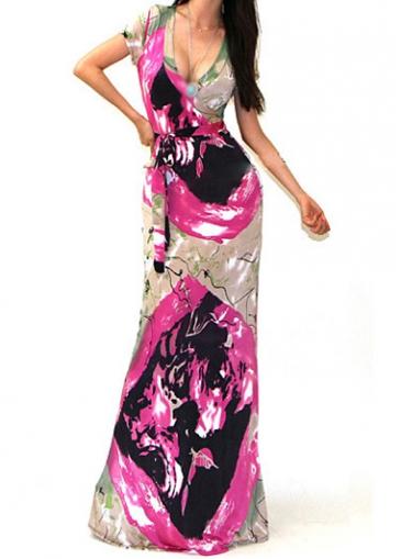 Rosewe V Neck Short Sleeve Printed Maxi Dress