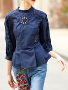 Shein Navy Hollow Embroidered High Low Blouse