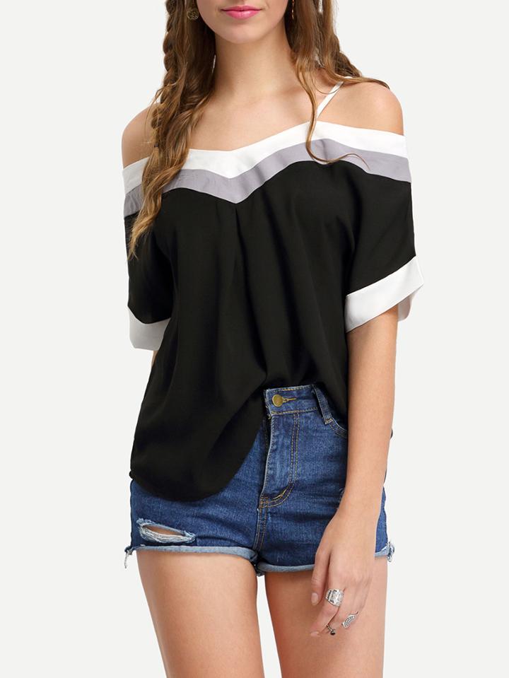 Shein Color Panel Off-the-shoulder Cami Top - Black