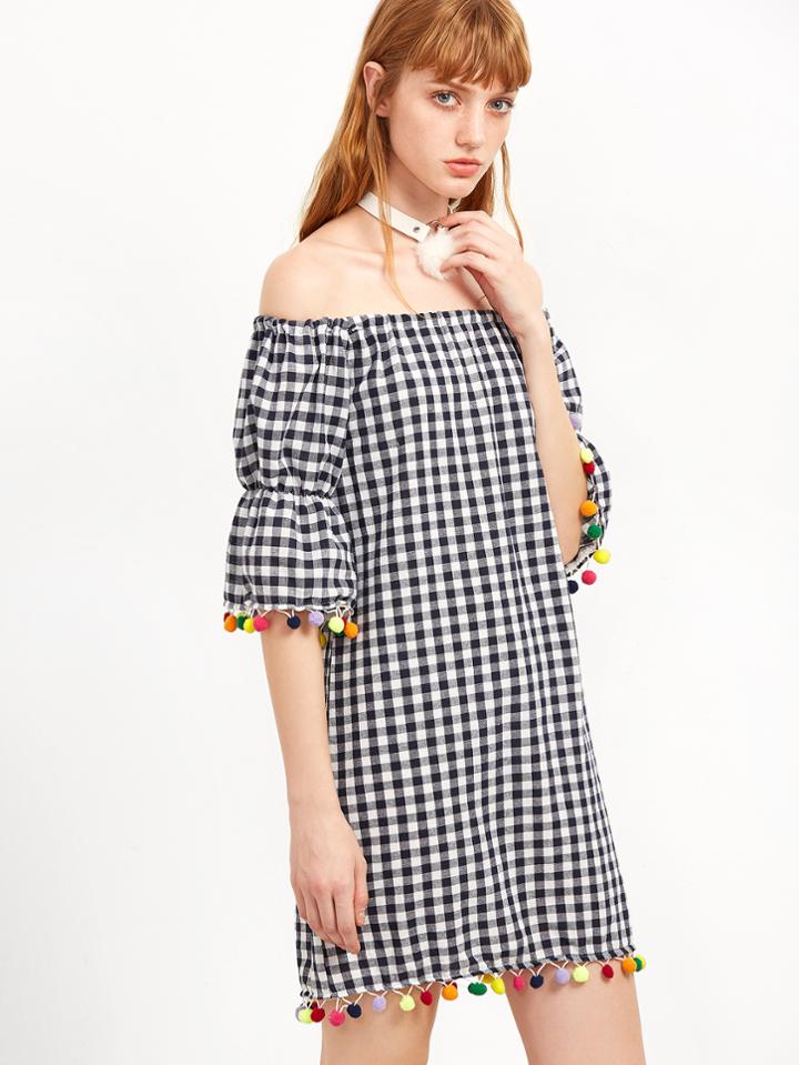 Shein Checkered Off The Shoulder Pom Pom Dress