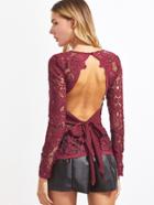Shein Burgundy Bow Tie Open Back Hollow Out Embroidered Lace Top