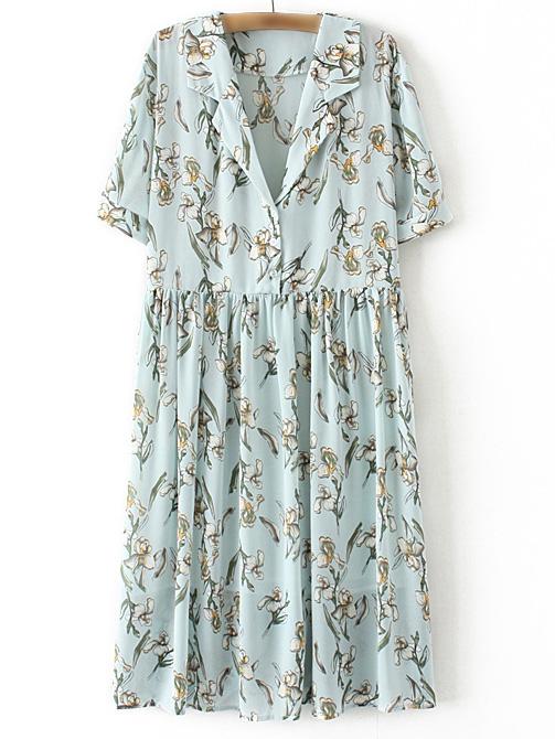 Shein Multicolor Lapel Buttons Front Flowers Print Dress