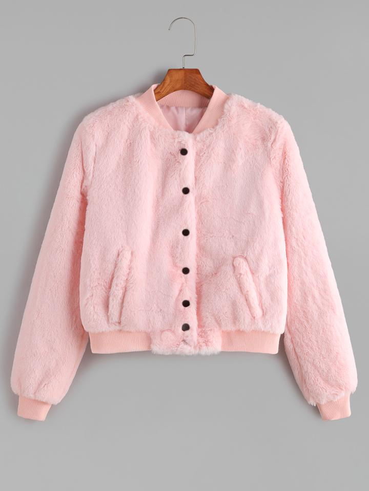 Shein Ribbed Trim Single Breasted Fluffy Jacket