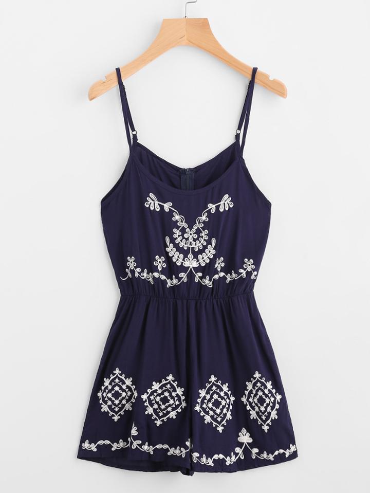 Shein Flower Embroidered Cami Romper With Zipper Back