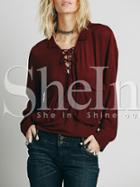 Shein Burgundy Long Sleeve Lace Up Blouse