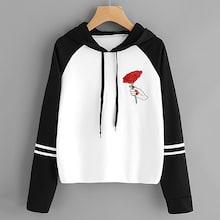 Shein Plus Rose Embroidered Varsity-striped Hoodie
