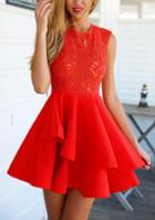 Shein With Zipper Lace Insert Flare Red Underskirt Drop Waist Dress