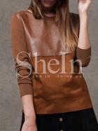 Shein Camel Pu Leather Color Block T-shirt