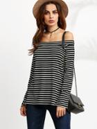 Shein Black And White Striped Off The Shoulder T-shirt