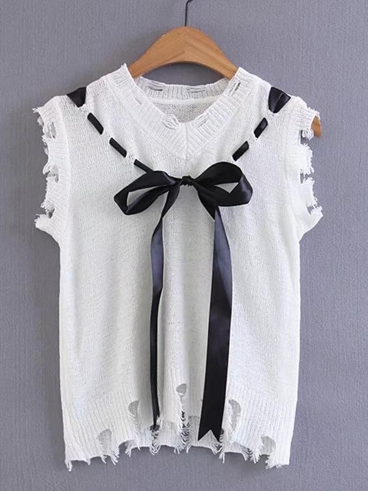 Shein Distressed Knitted Vest With Bow Tie Detail