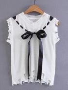 Shein Distressed Knitted Vest With Bow Tie Detail